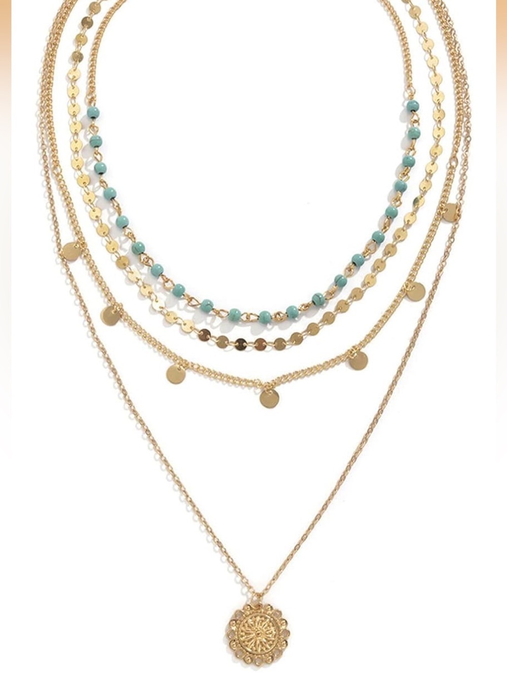 Anthropologie Gold Layered Coin Necklace with Turquoise Beads - Picture 5 of 6